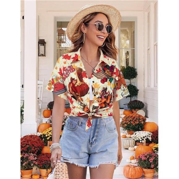 Women’s Thankful Turkey Pumpkin Button-Up Shirt - Fall Hawaiian Tee - Picture 3 of 7